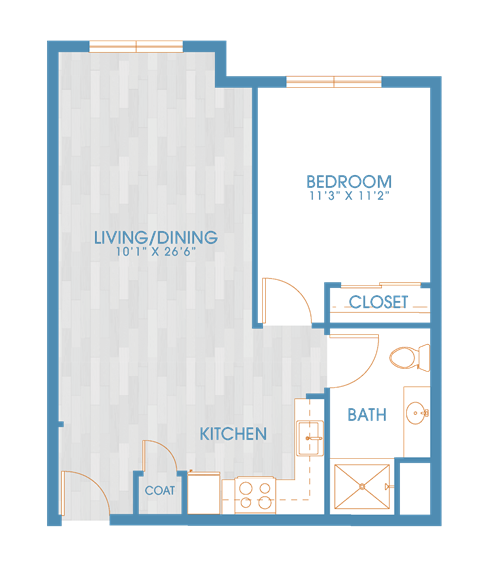 Floor plan for 1 bed, 1 bath, 624 sqft